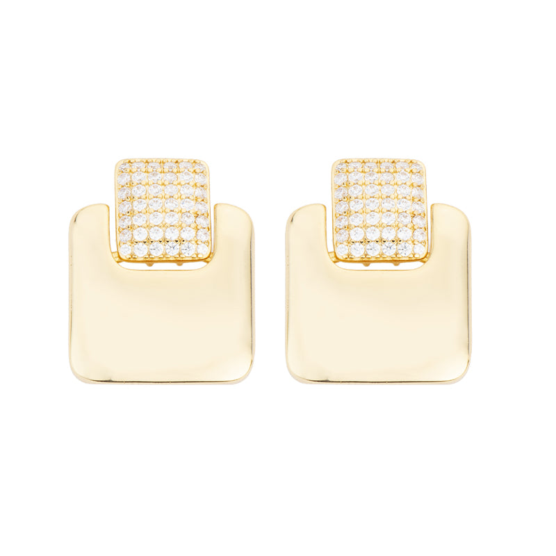Orecchini top carré in pavé di zirconi clear con pendente in brass liscio e dorato