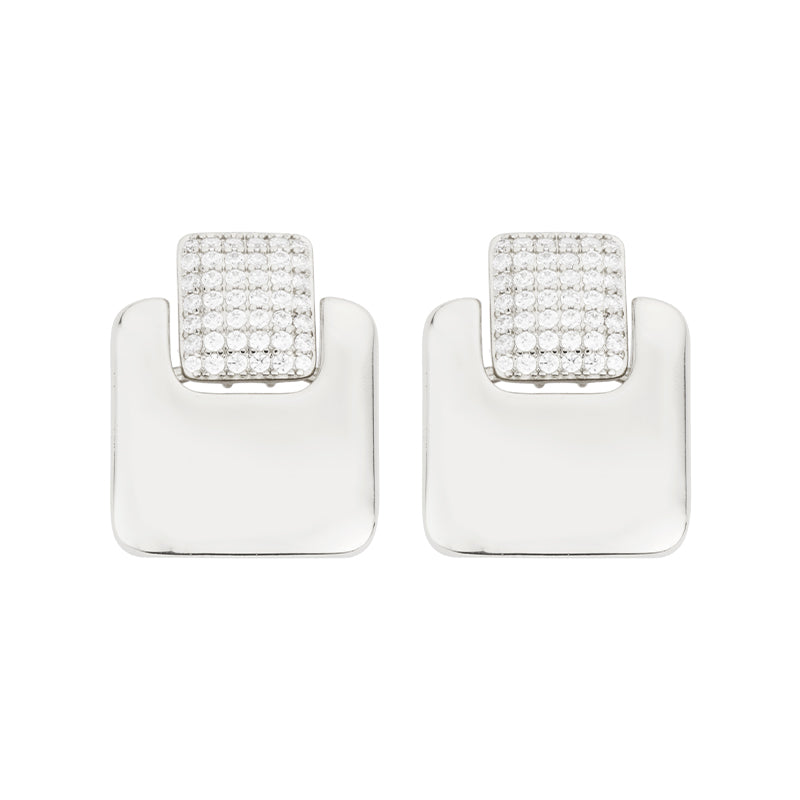 Orecchini top carré in pavé di zirconi clear con pendente in brass liscio e rodiato