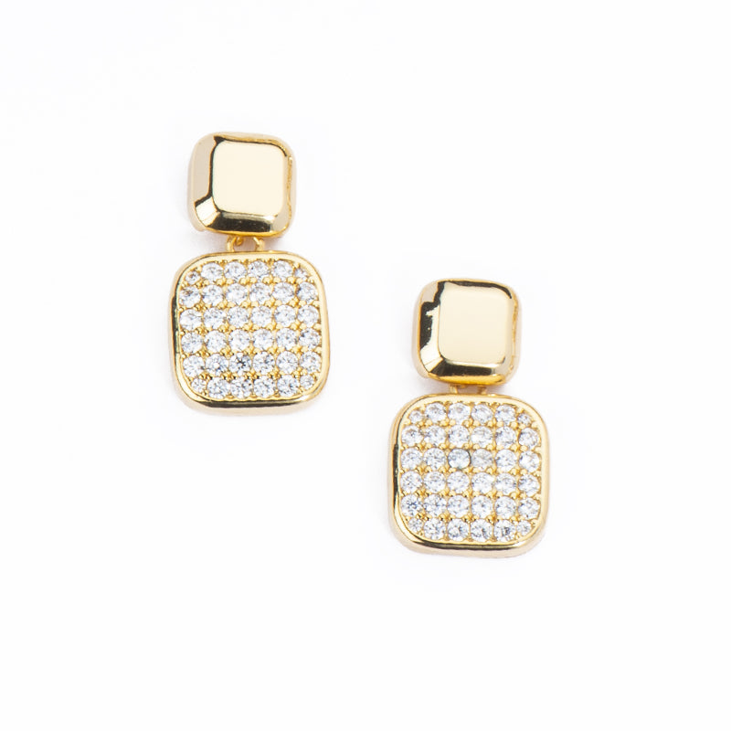 Orecchini top e pendente carré stondato in brass dorato liscio e in pavé di zirconi clear