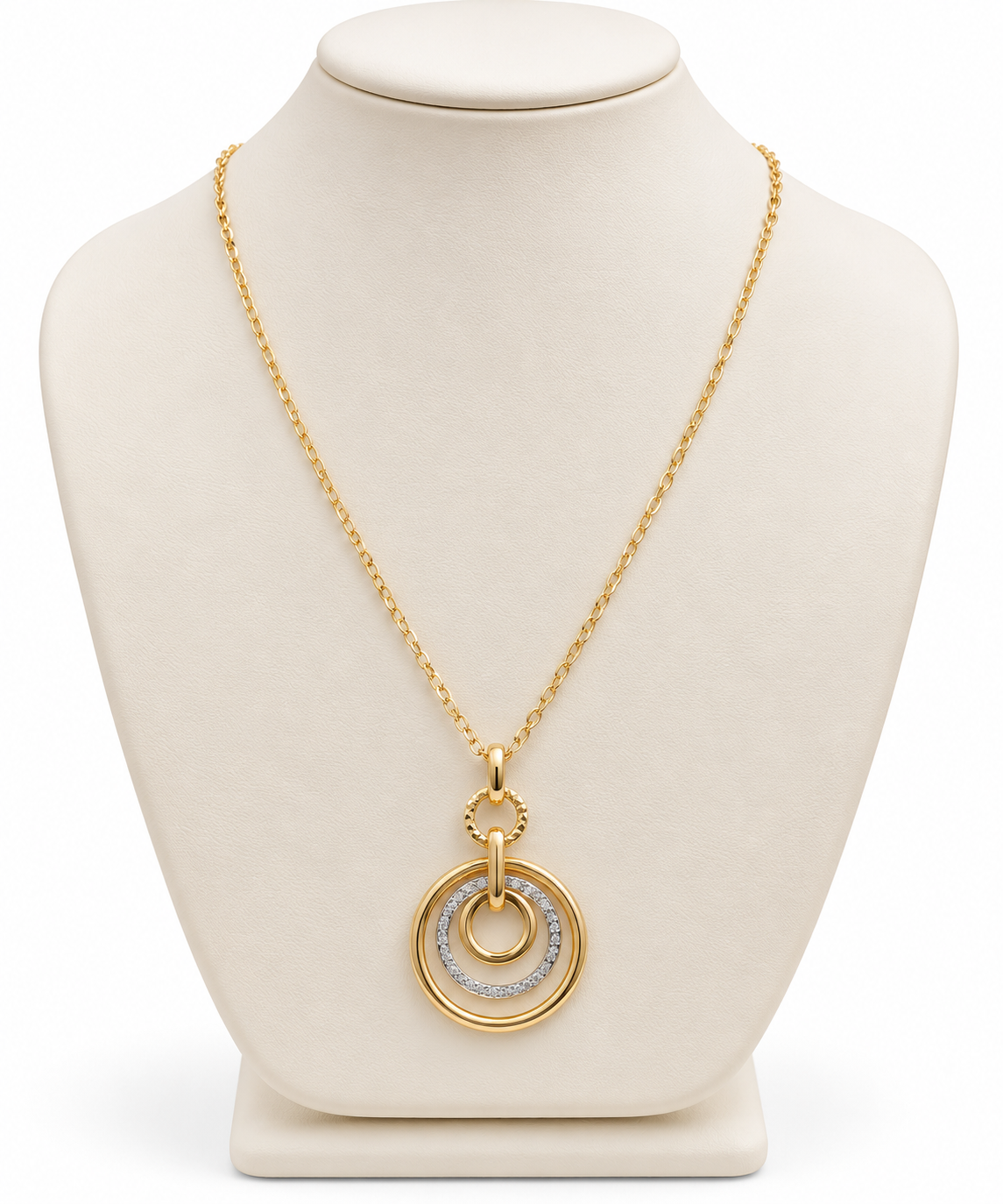 Collana in Oro Giallo con Pendente a Cerchi e Pietre Bianche – 50 cm