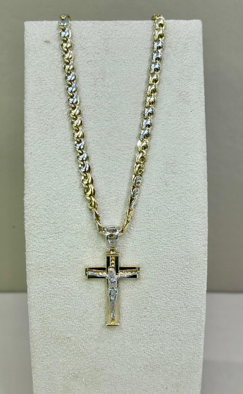COLLANA CON CROCE,MAGLIA CERINI IN ORO BICOLORE (BIANCA/GIALLA)IN  ORO  18KT (750%)CIRCONFERENZA 50 CM,GRAMMI 16,00