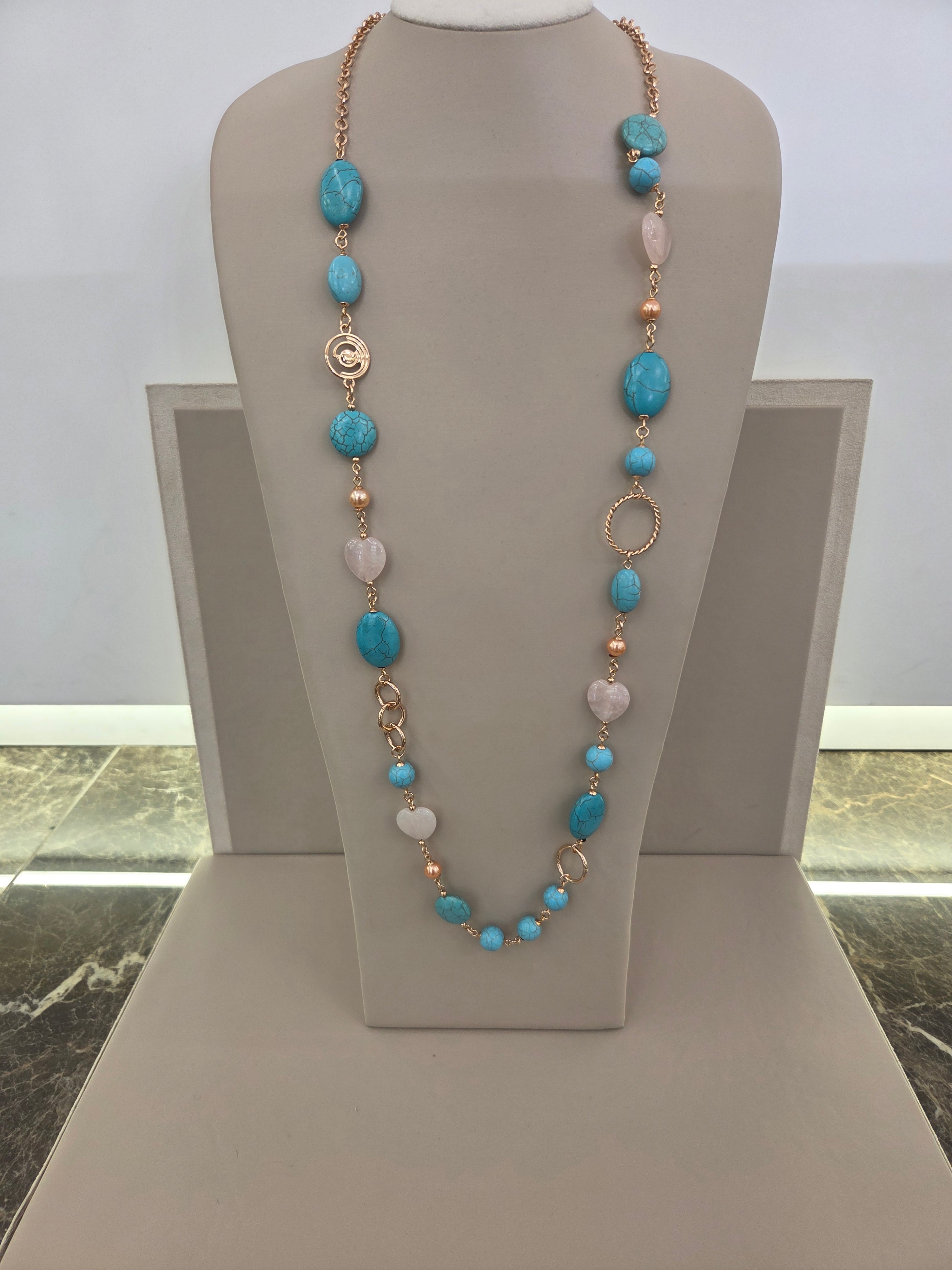 COLLANA CHANEL, COLORE TURCHESE E QUARZO  ROSA,LUNGHEZZA 1,00 METRO,ACCIAIO ANALLERGICO