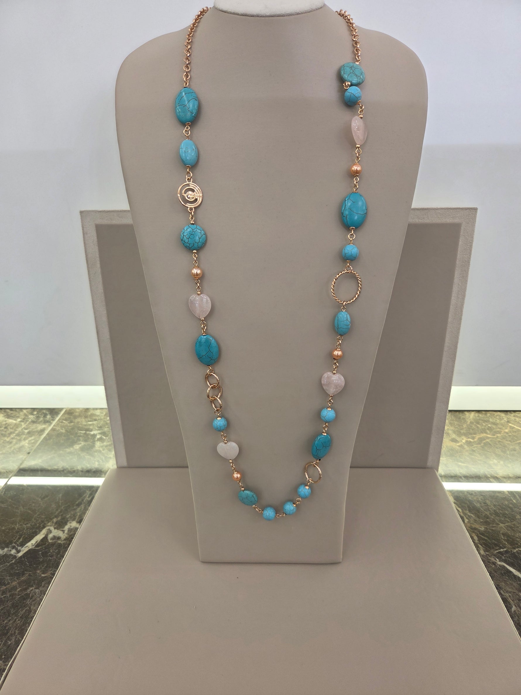 COLLANA CHANEL, COLORE TURCHESE E QUARZO  ROSA,LUNGHEZZA 1,00 METRO,ACCIAIO ANALLERGICO