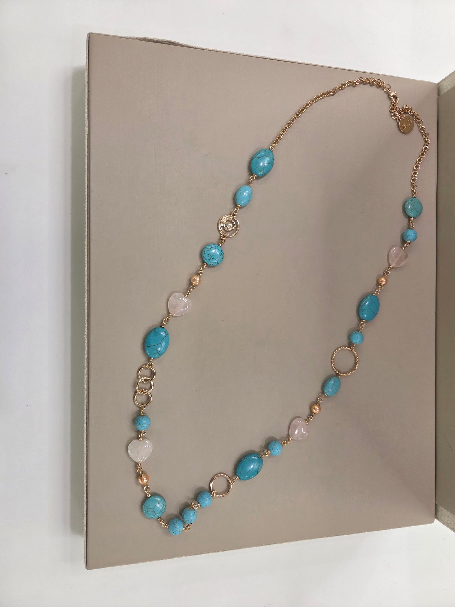 COLLANA CHANEL, COLORE TURCHESE E QUARZO  ROSA,LUNGHEZZA 1,00 METRO,ACCIAIO ANALLERGICO