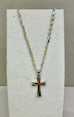 COLLANA CON CROCE MAGLIA CERINI IN ORO BICOLORE(BIANCO /GIALLO) IN ORO 18KT (750%)CIRCONFERENZA 50CM, GRAMMI 8,20