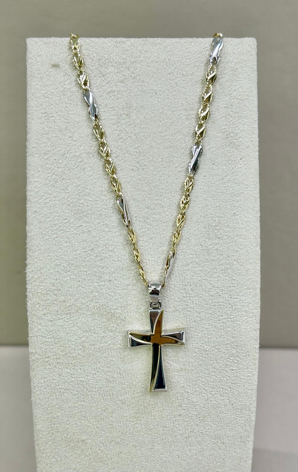 COLLANA CON CROCE MAGLIA CERINI IN ORO BICOLORE(BIANCO /GIALLO) IN ORO 18KT (750%)CIRCONFERENZA 50CM, GRAMMI 8,20