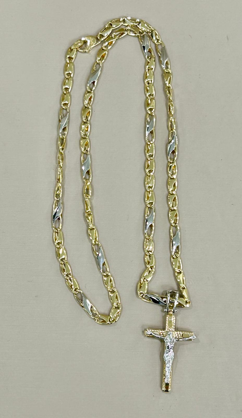 COLLANA CON CROCE,MAGLIA CERINI IN ORO BICOLORE (BIANCS/GIALLA) IN ORO 18KT (750%) CIRCONFERENZA 50CM,GRAMMI 9,60