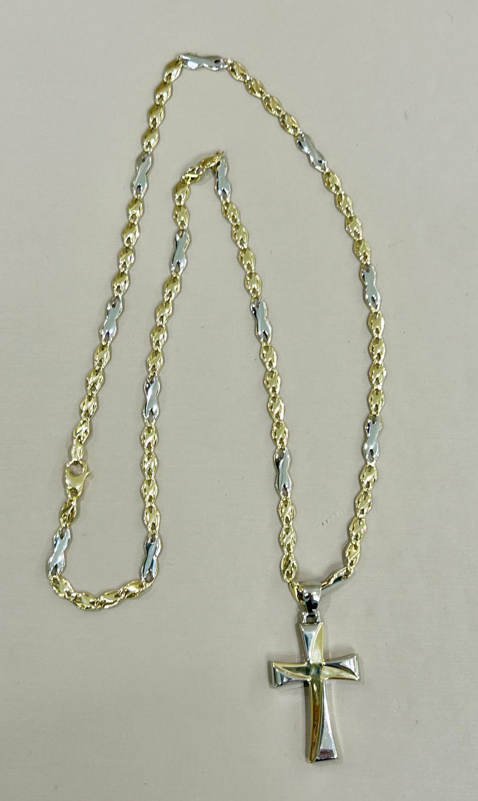 COLLANA CON CROCE MAGLIA CERINI IN ORO BICOLORE(BIANCO /GIALLO) IN ORO 18KT (750%)CIRCONFERENZA 50CM, GRAMMI 8,20