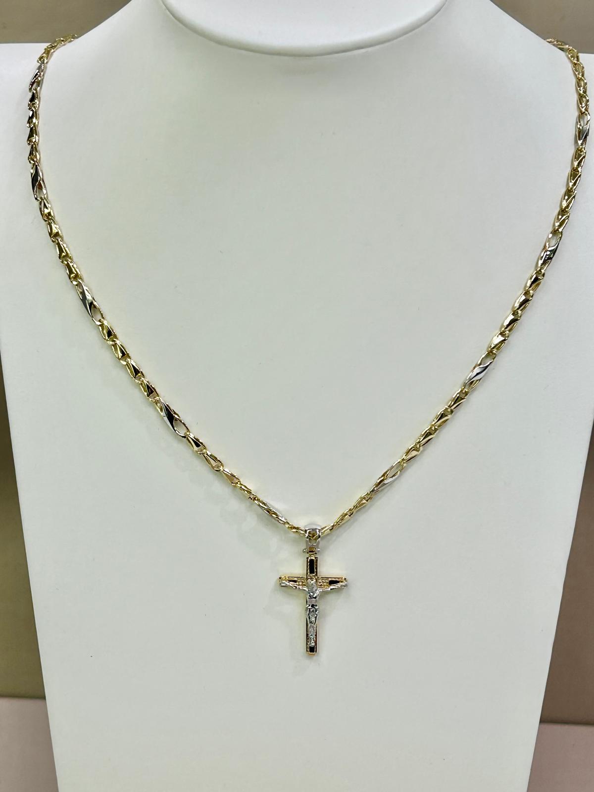 COLLANA CON CROCE,MAGLIA CERINI IN ORO BICOLORE (BIANCS/GIALLA) IN ORO 18KT (750%) CIRCONFERENZA 50CM,GRAMMI 9,60