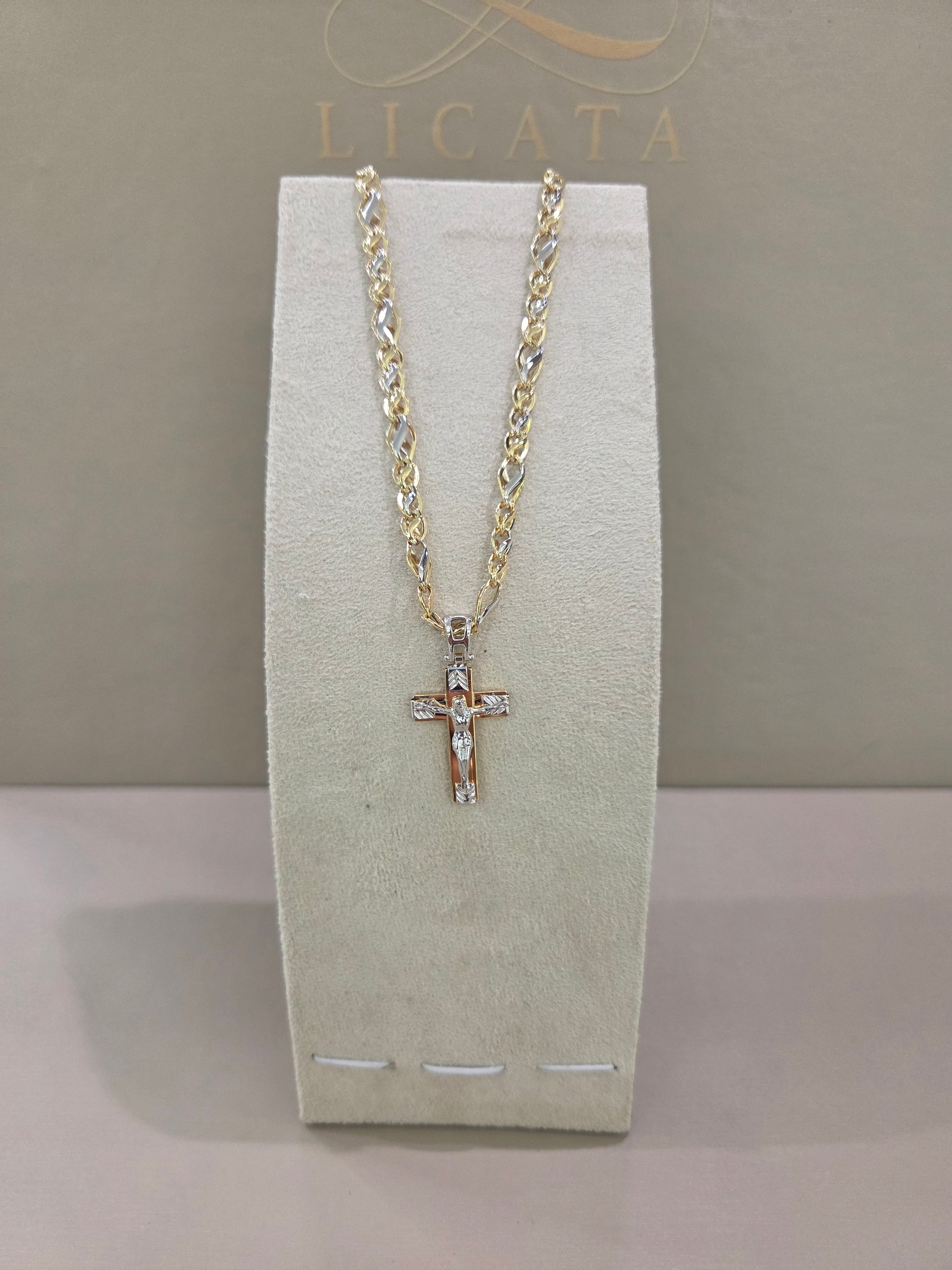 COLLANA CON CROCE MAGLIA CERINI IN ORO BICOLORE (BIANCA/GIALLA) IN ORO 18KT(750%),CIRCONFERENZA 50 CM GRAMMI 12,90